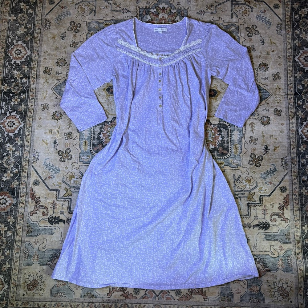 Eileen West Lavender Floral Lace Trim Nightgown Long Sleeve Purple Cotton L